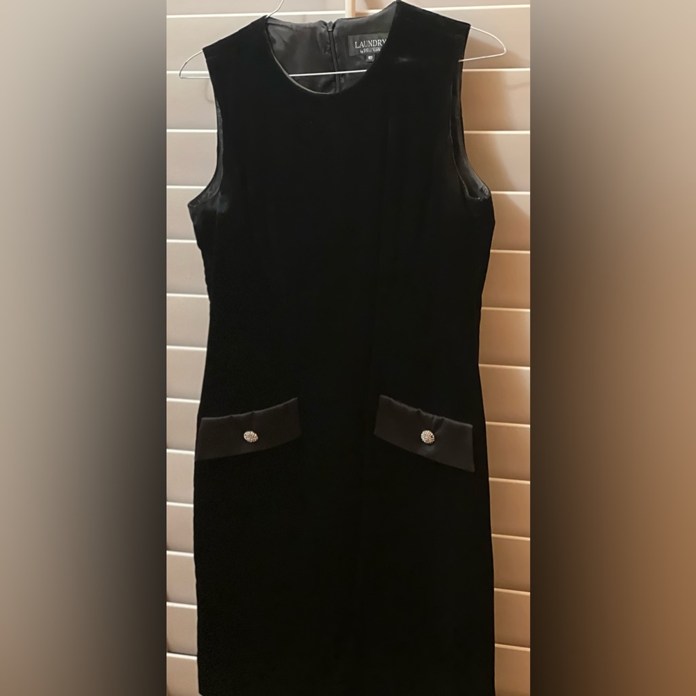 Black velvet sheath dress with rhinestone buttons